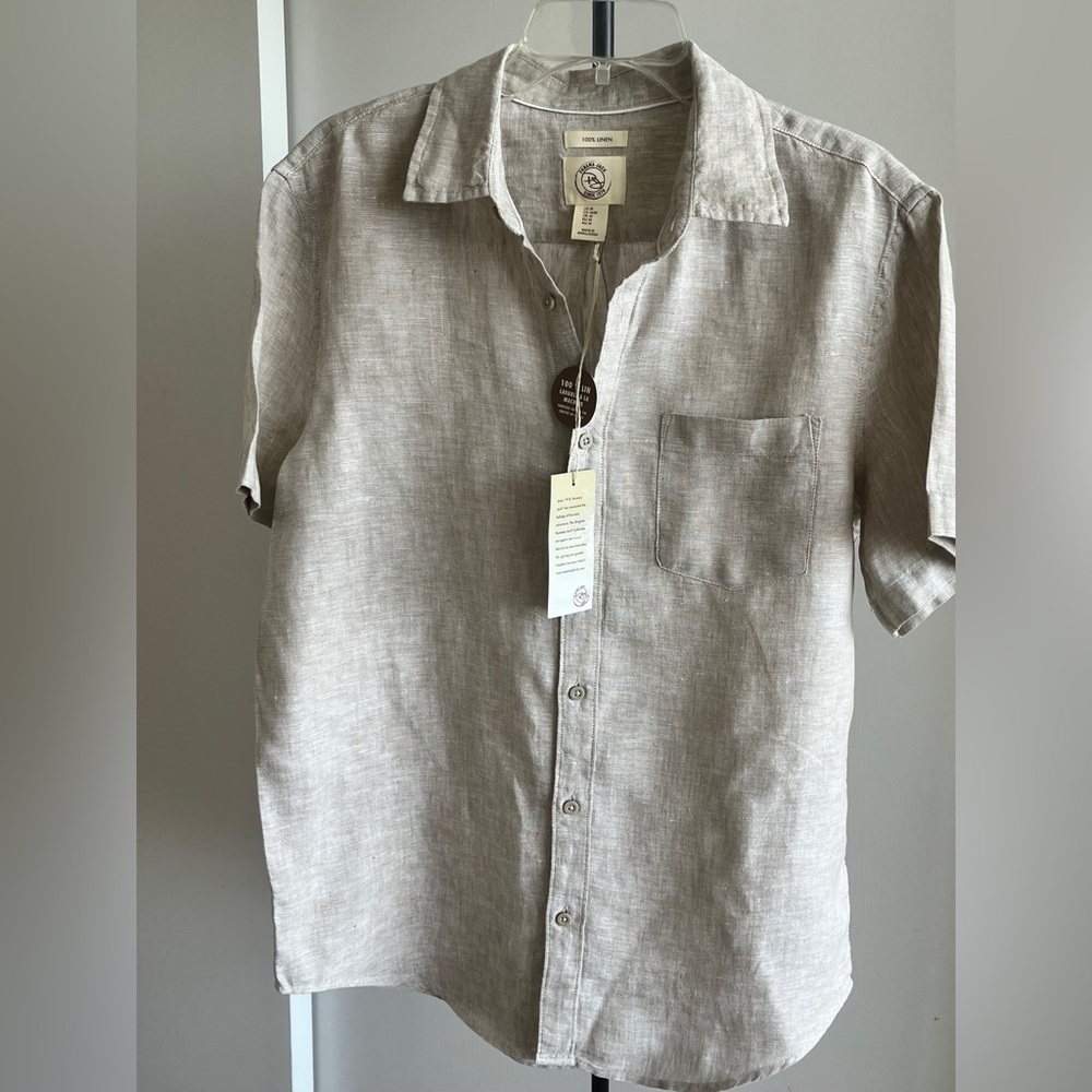NWT Panama Jack Beige Casual Button Down 100% Linen Shirt machine washable M